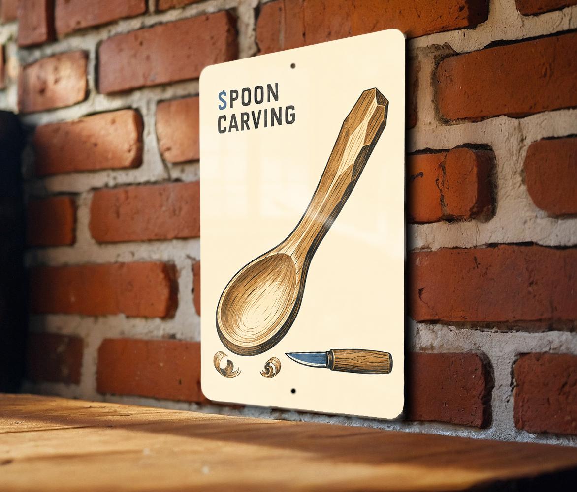 Spoon Carving Metal Sign, Woodcut Style Workshop Decor — photo 2
