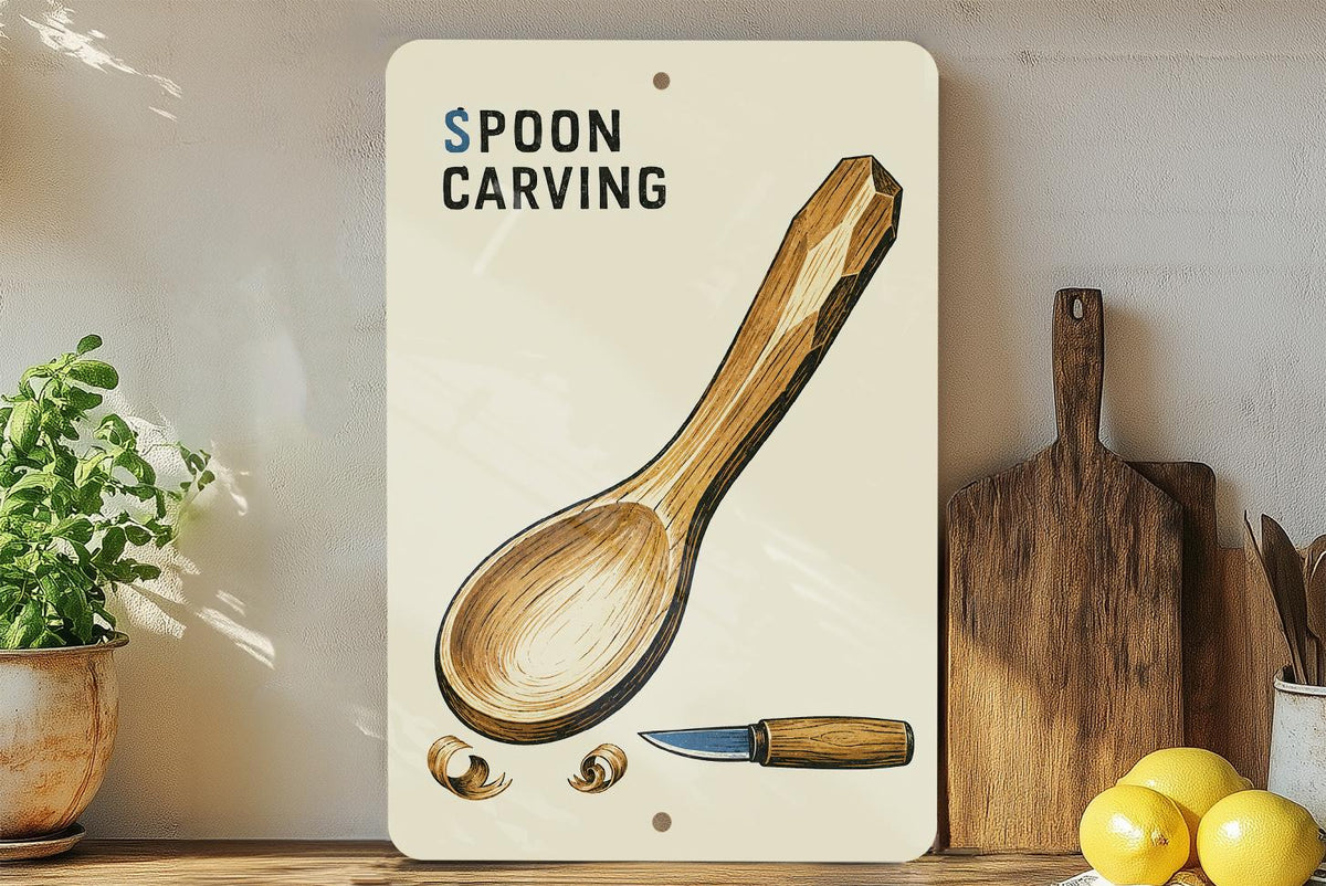 Spoon Carving Metal Sign, Woodcut Style Workshop Decor — photo 3