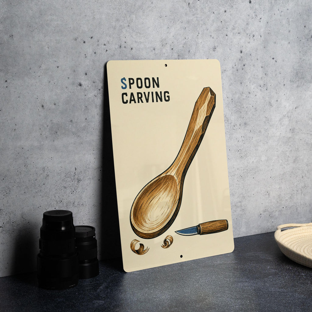 Spoon Carving Metal Sign, Woodcut Style Workshop Decor — photo 4