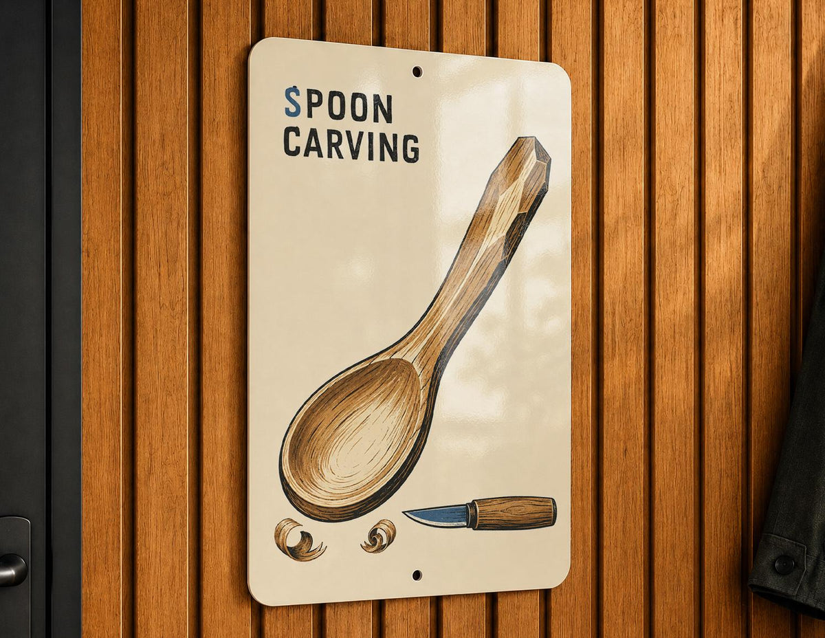Spoon Carving Metal Sign, Woodcut Style Workshop Decor — photo 6