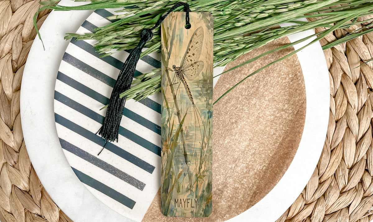 Mayfly Metal Bookmark with Riverside Illustration, Gift for Nature Lovers — photo 1