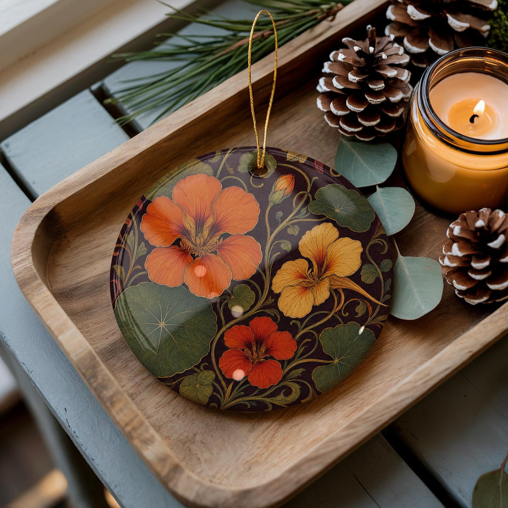 Nasturtium Ceramic Ornament, Art Nouveau Flowers and Leaves, Gardener Gift — photo 1