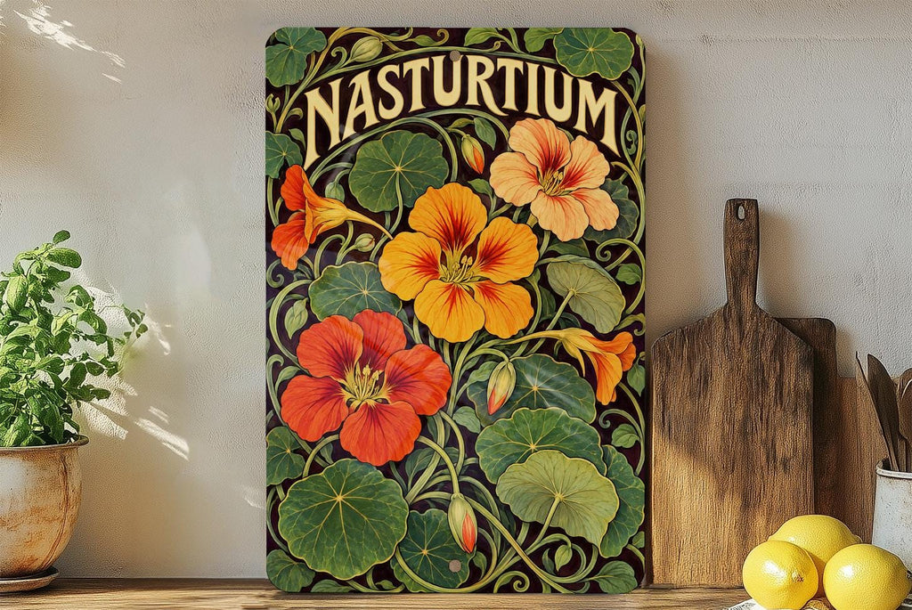 Flowering Nasturtium Metal Sign, Art Nouveau Botanical Wall Decor for Garden Lovers — photo 3