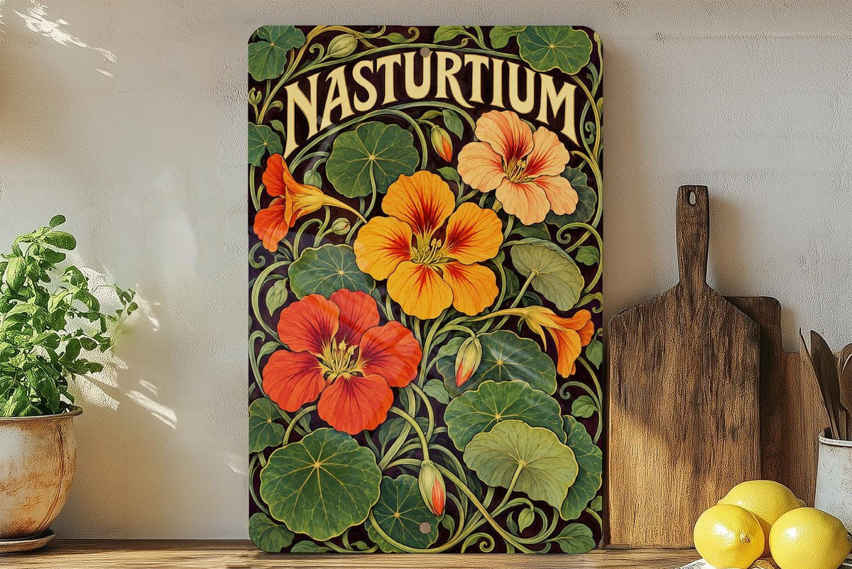Flowering Nasturtium Metal Sign, Art Nouveau Botanical Wall Decor for Garden Lovers — photo 3