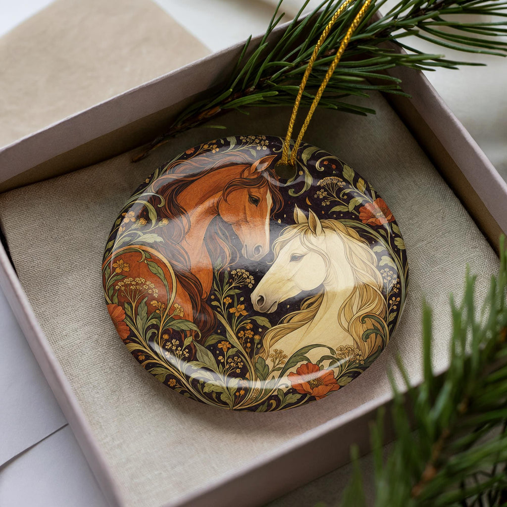 Two Horses Ceramic Ornament with Wildflowers, Art Nouveau Equestrian Gift — photo 3
