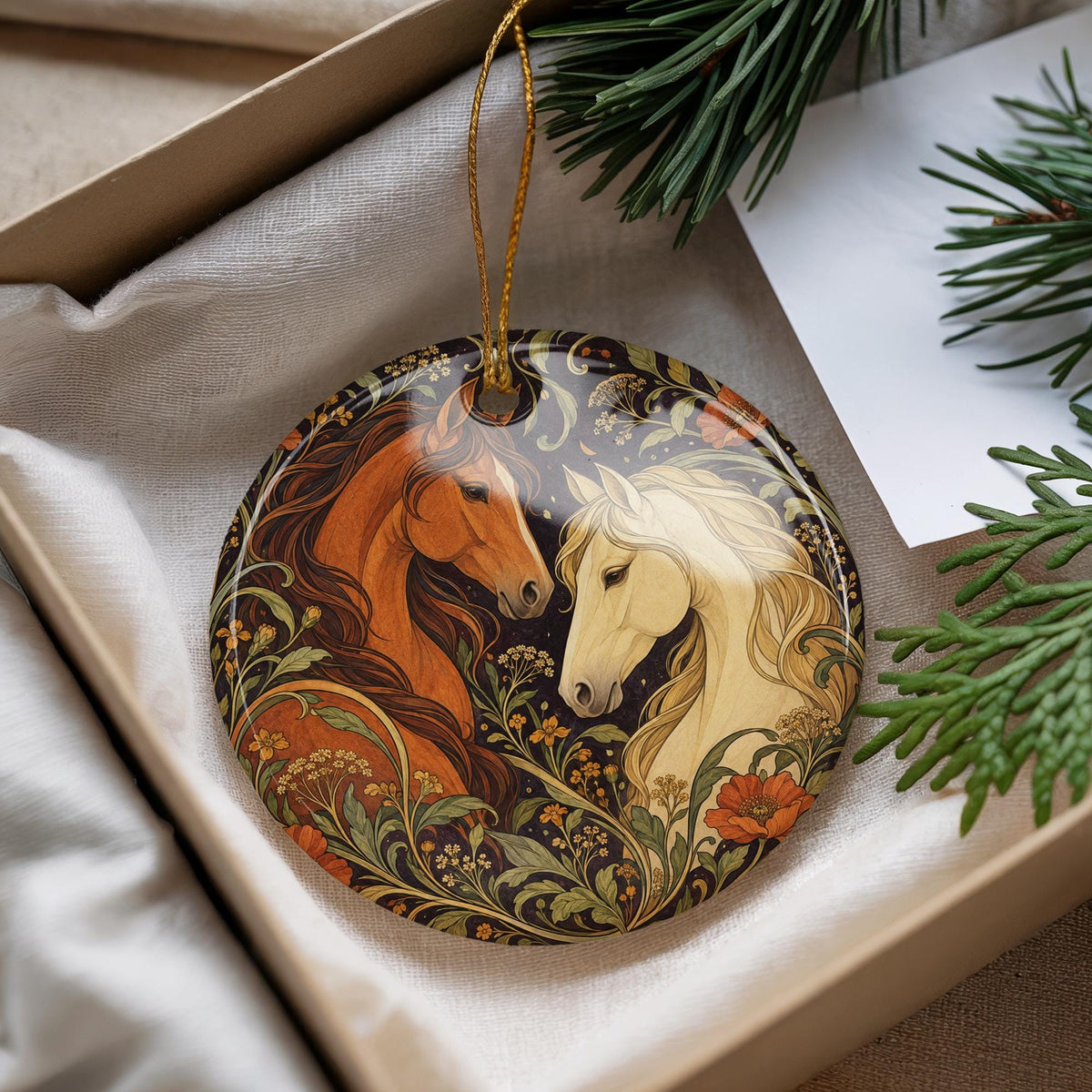 Two Horses Ceramic Ornament with Wildflowers, Art Nouveau Equestrian Gift — photo 4