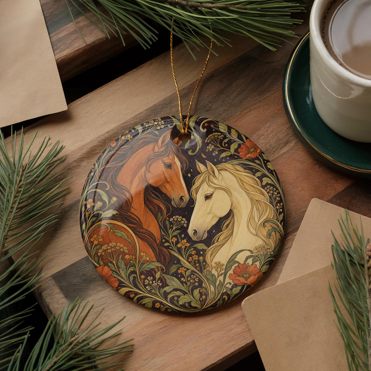 Two Horses Ceramic Ornament with Wildflowers, Art Nouveau Equestrian Gift — photo 5