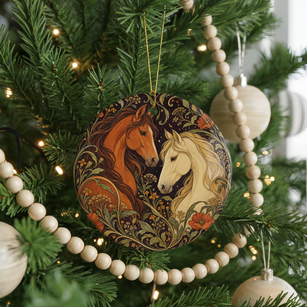 Two Horses Ceramic Ornament with Wildflowers, Art Nouveau Equestrian Gift — photo 6