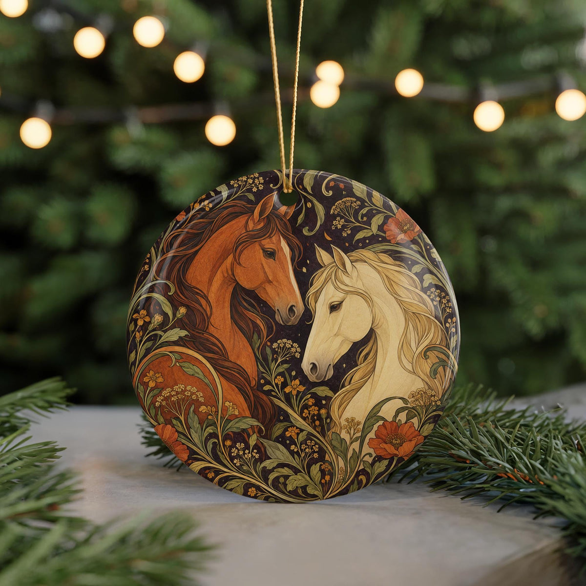 Two Horses Ceramic Ornament with Wildflowers, Art Nouveau Equestrian Gift — photo 7