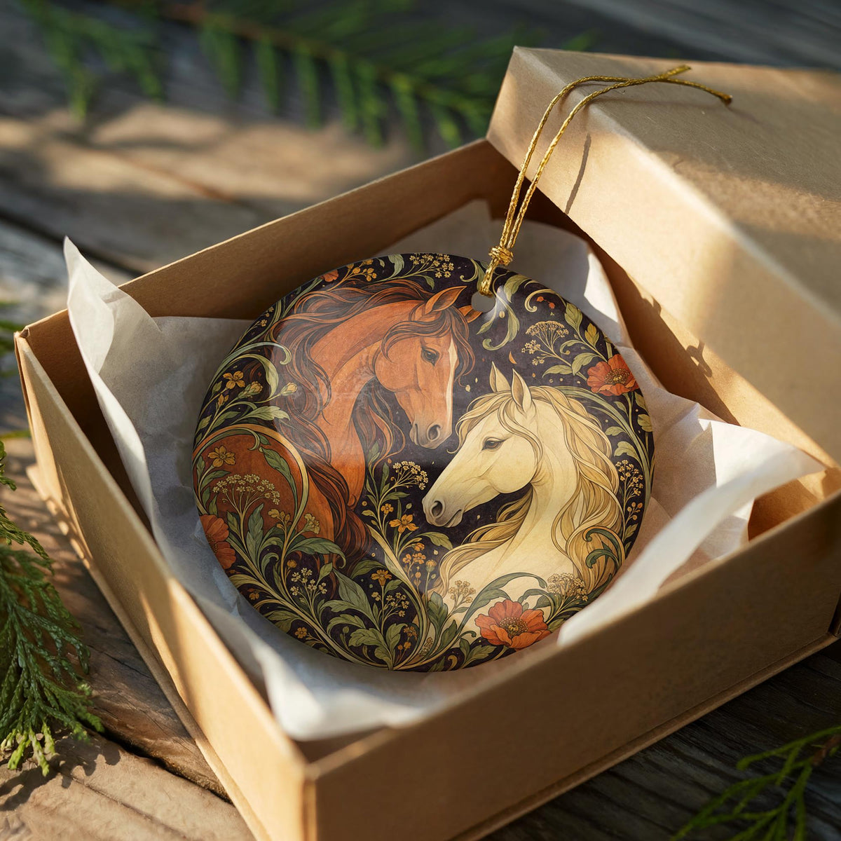 Two Horses Ceramic Ornament with Wildflowers, Art Nouveau Equestrian Gift — photo 8
