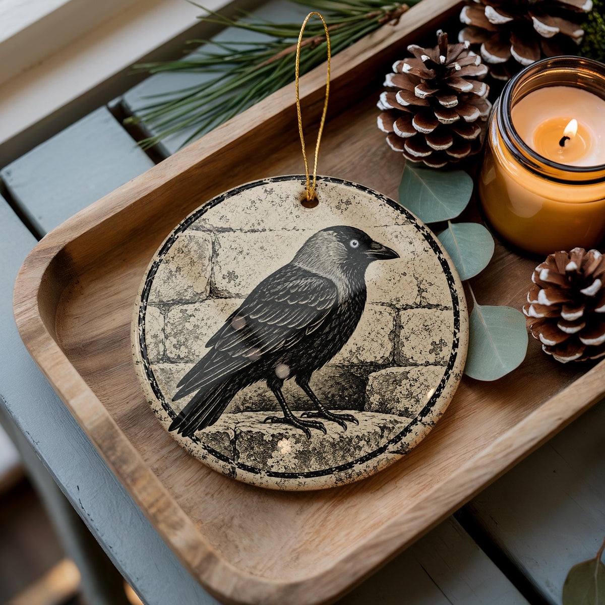 Eurasian Jackdaw Ceramic Ornament on Weathered Stone, Birdwatcher Gift — photo 1