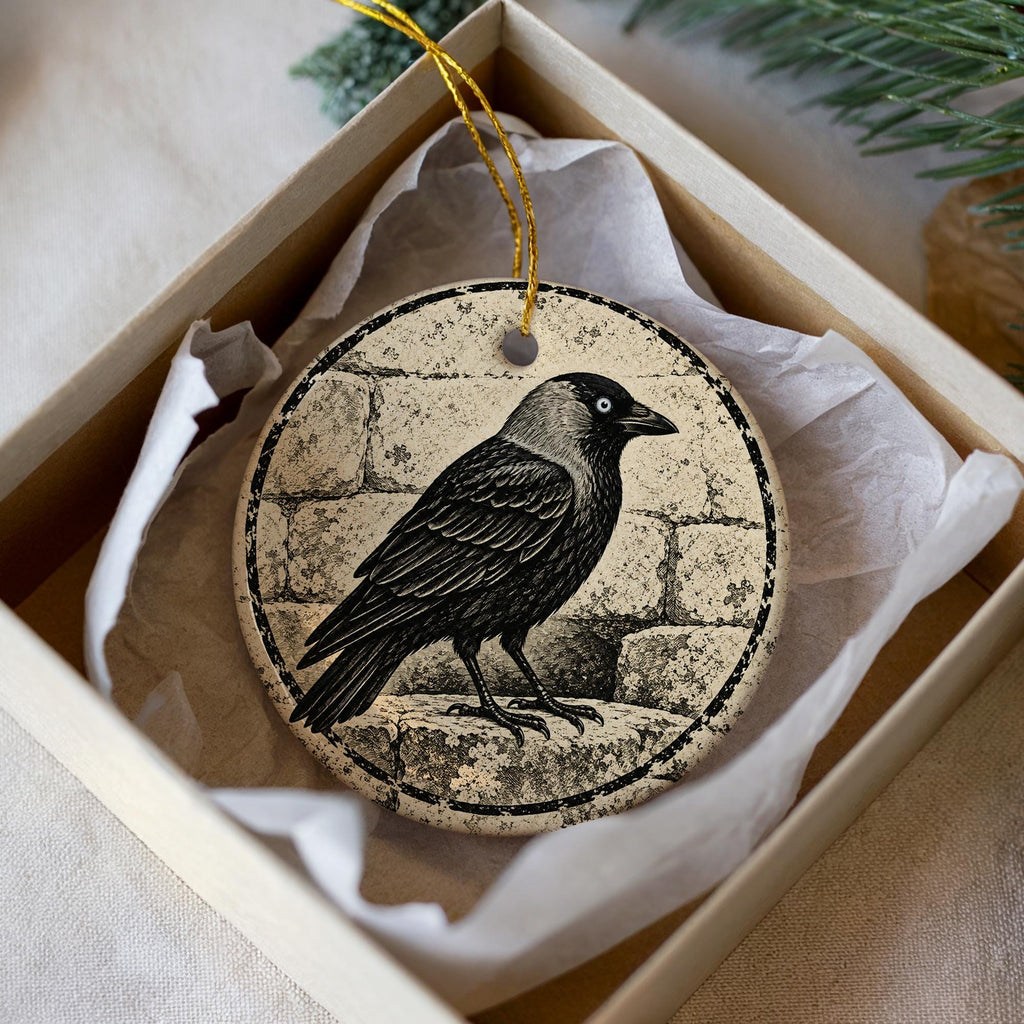 Eurasian Jackdaw Ceramic Ornament on Weathered Stone, Birdwatcher Gift — photo 2