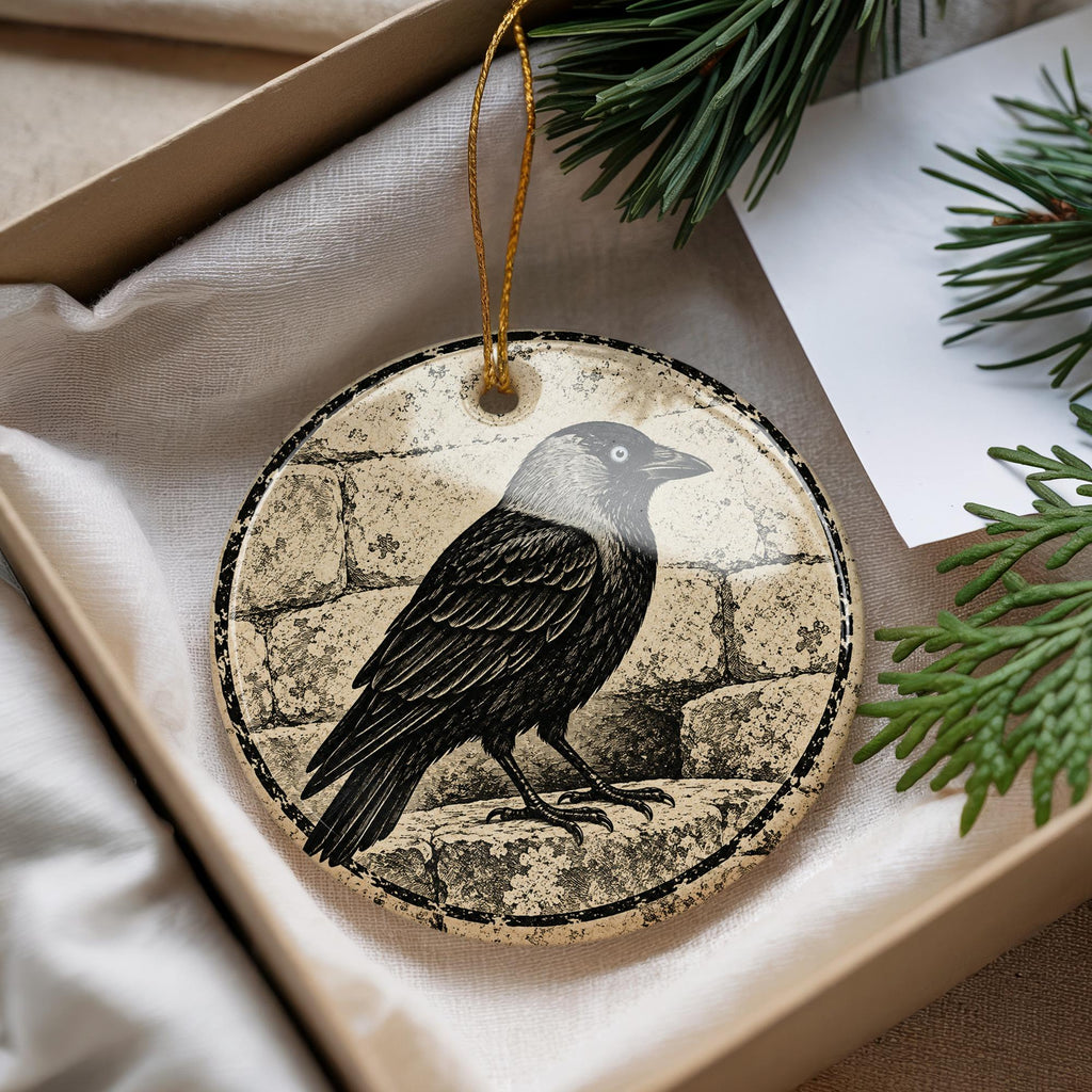 Eurasian Jackdaw Ceramic Ornament on Weathered Stone, Birdwatcher Gift — photo 4