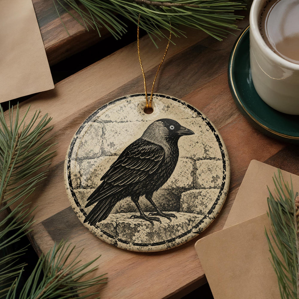 Eurasian Jackdaw Ceramic Ornament on Weathered Stone, Birdwatcher Gift — photo 5