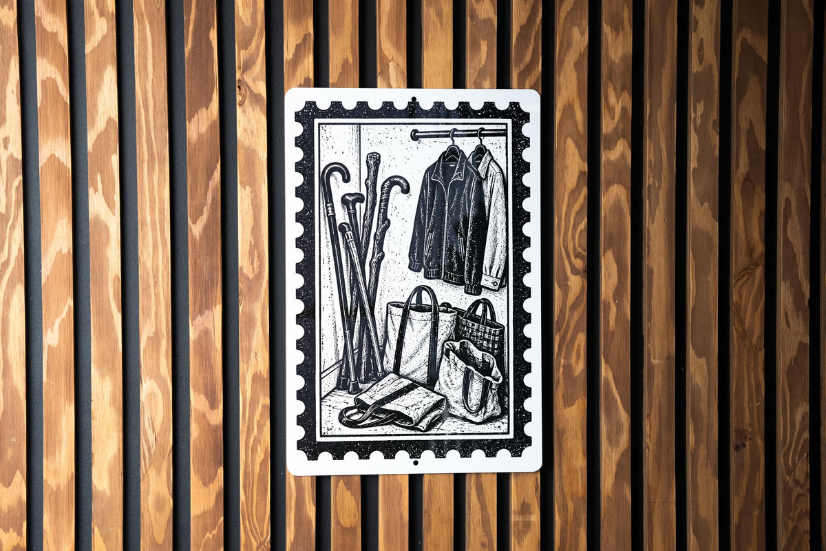 Entryway Closet Metal Sign, Vintage Canes and Shopping Bags, Black and White 8x12 Door Decor — photo 1