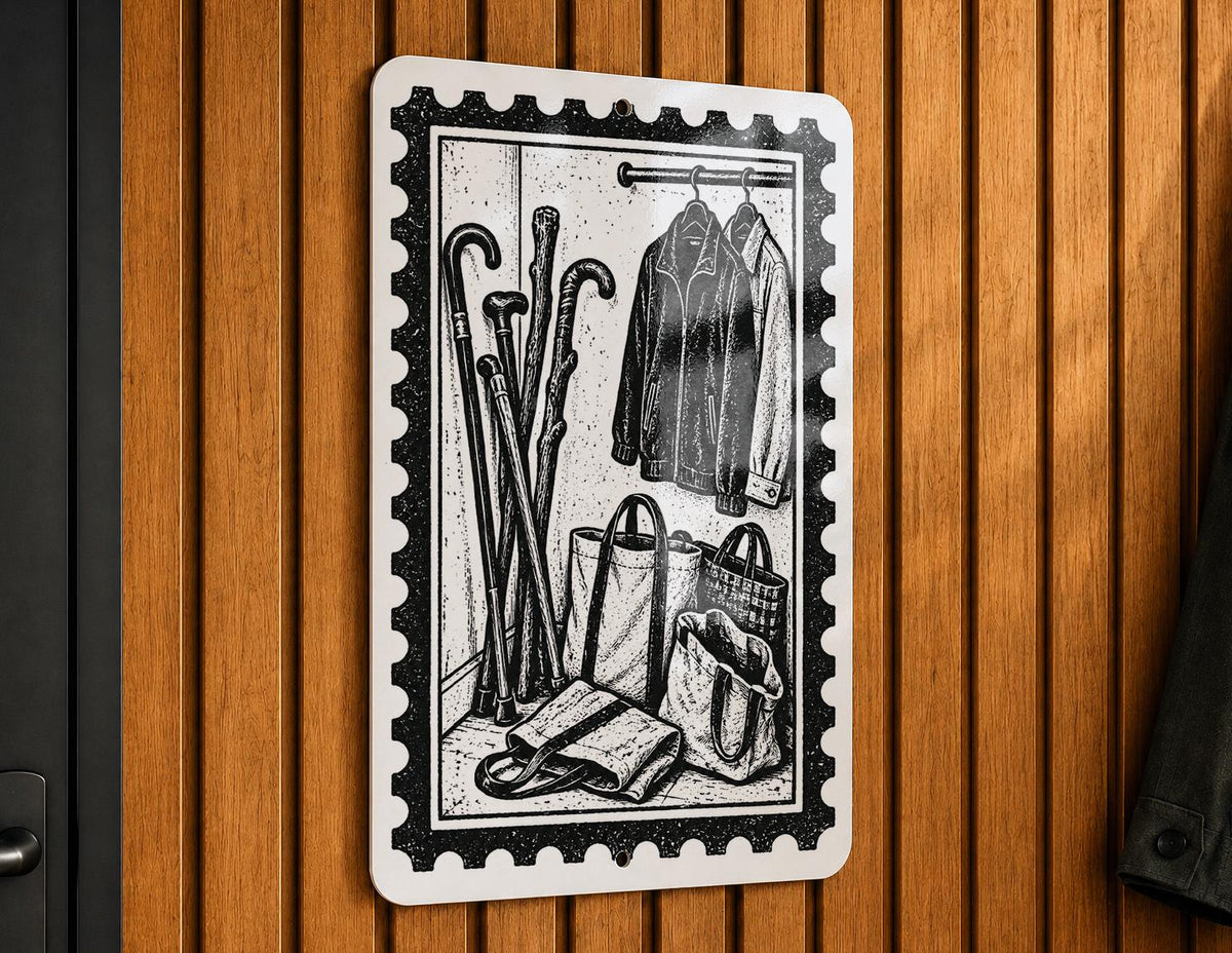 Entryway Closet Metal Sign, Vintage Canes and Shopping Bags, Black and White 8x12 Door Decor — photo 6