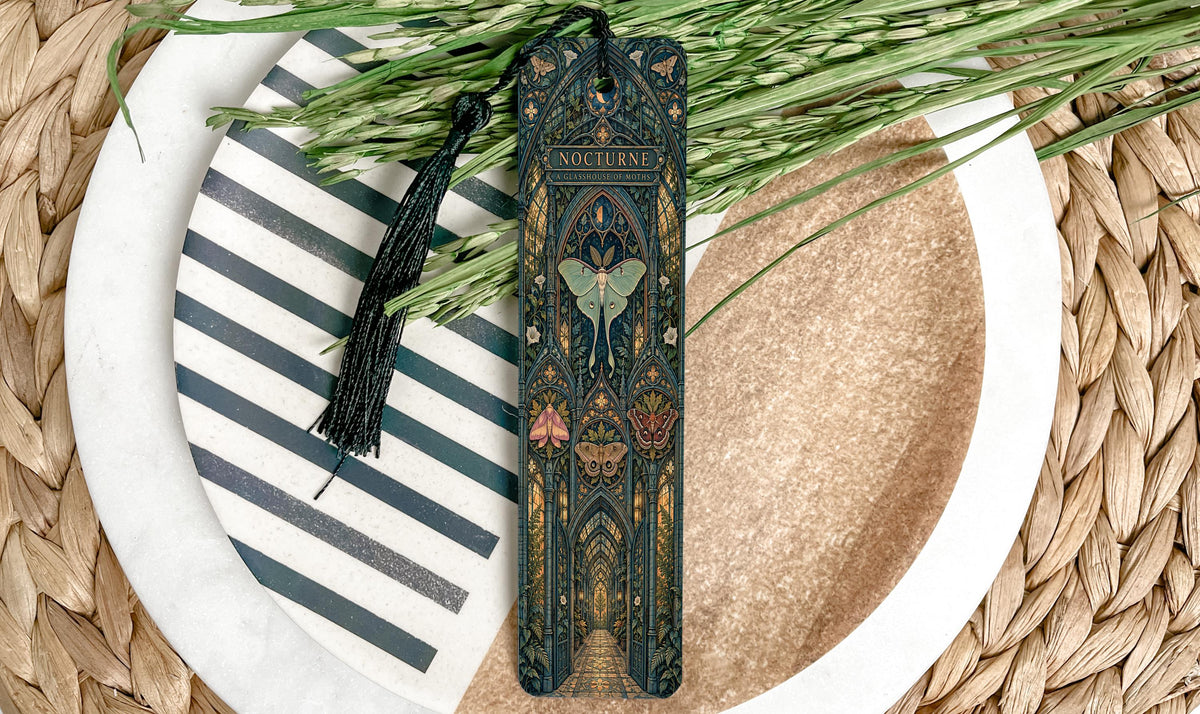 Gothic Glasshouse of Moths Metal Bookmark, Luna Moth and Victorian Botanical Art — photo 1