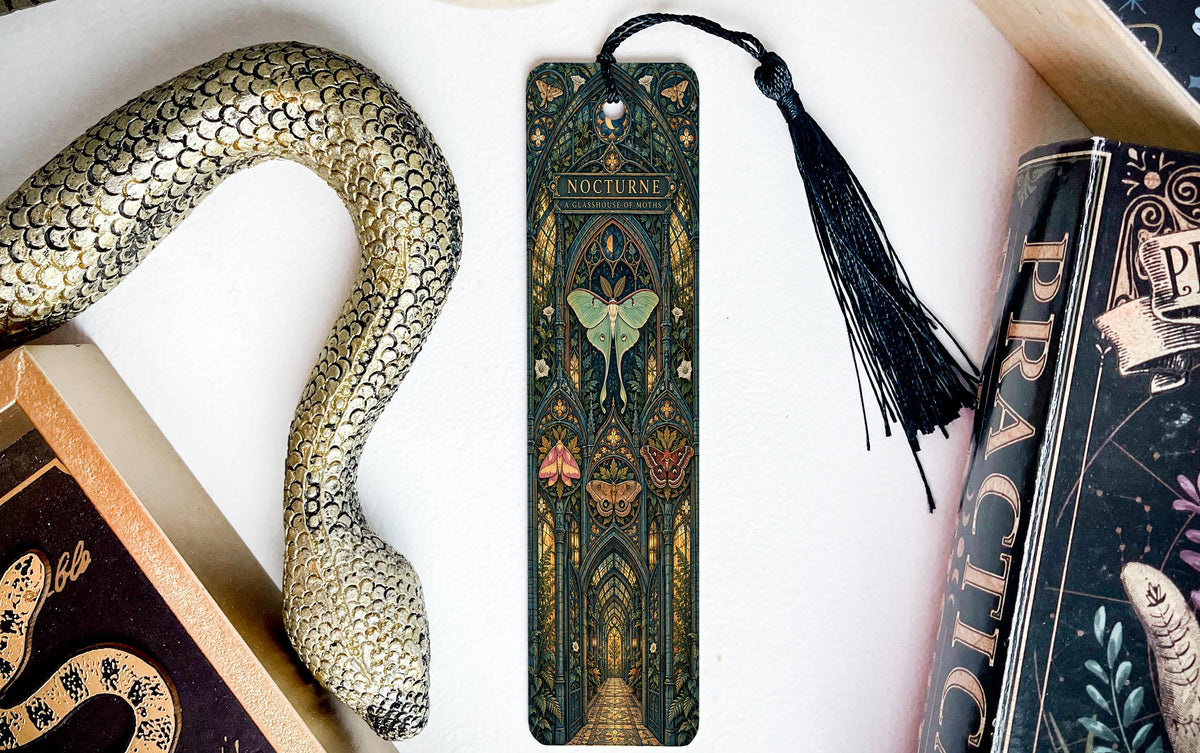 Gothic Glasshouse of Moths Metal Bookmark, Luna Moth and Victorian Botanical Art — photo 3