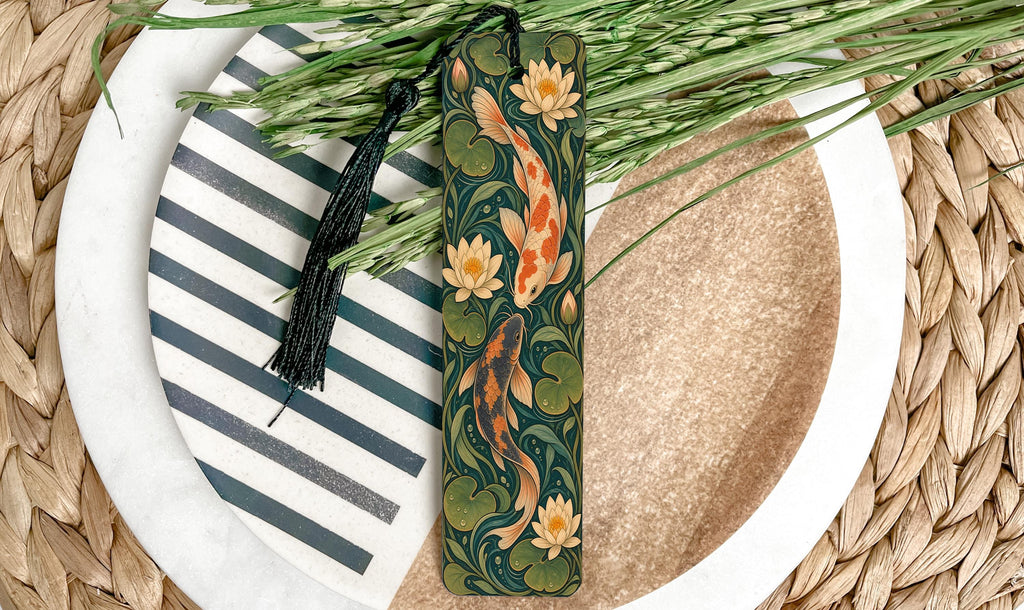 Koi Fish Metal Bookmark with Water Lilies, Art Nouveau Pond Art — photo 1