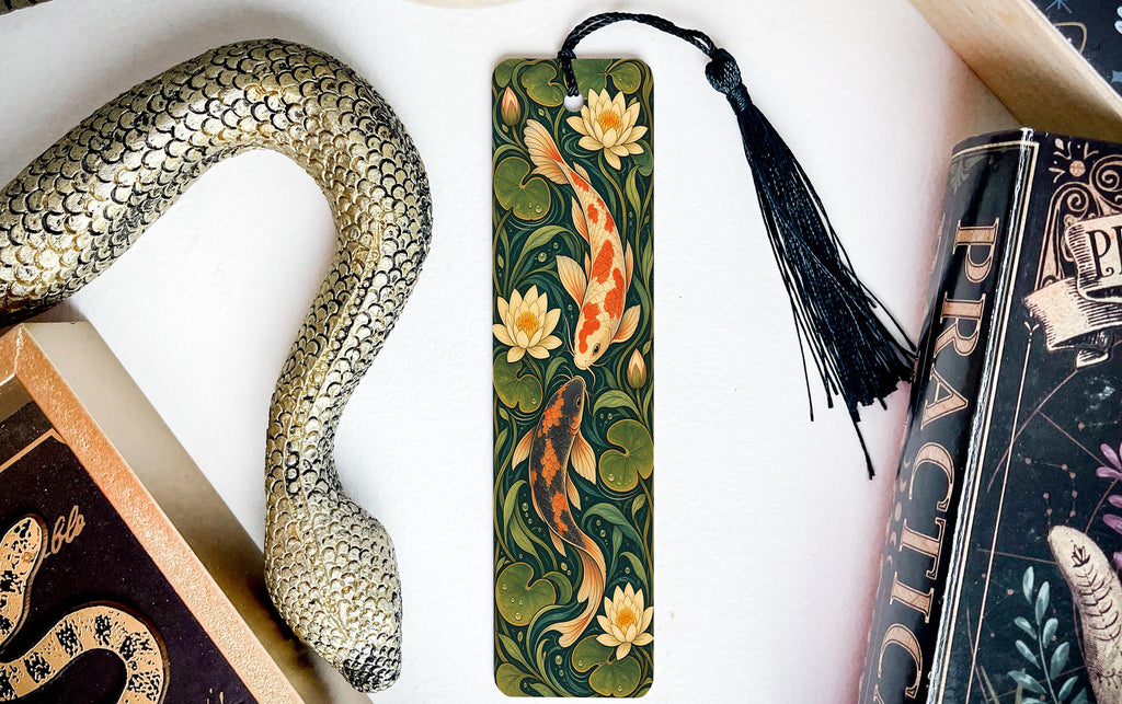Koi Fish Metal Bookmark with Water Lilies, Art Nouveau Pond Art — photo 3