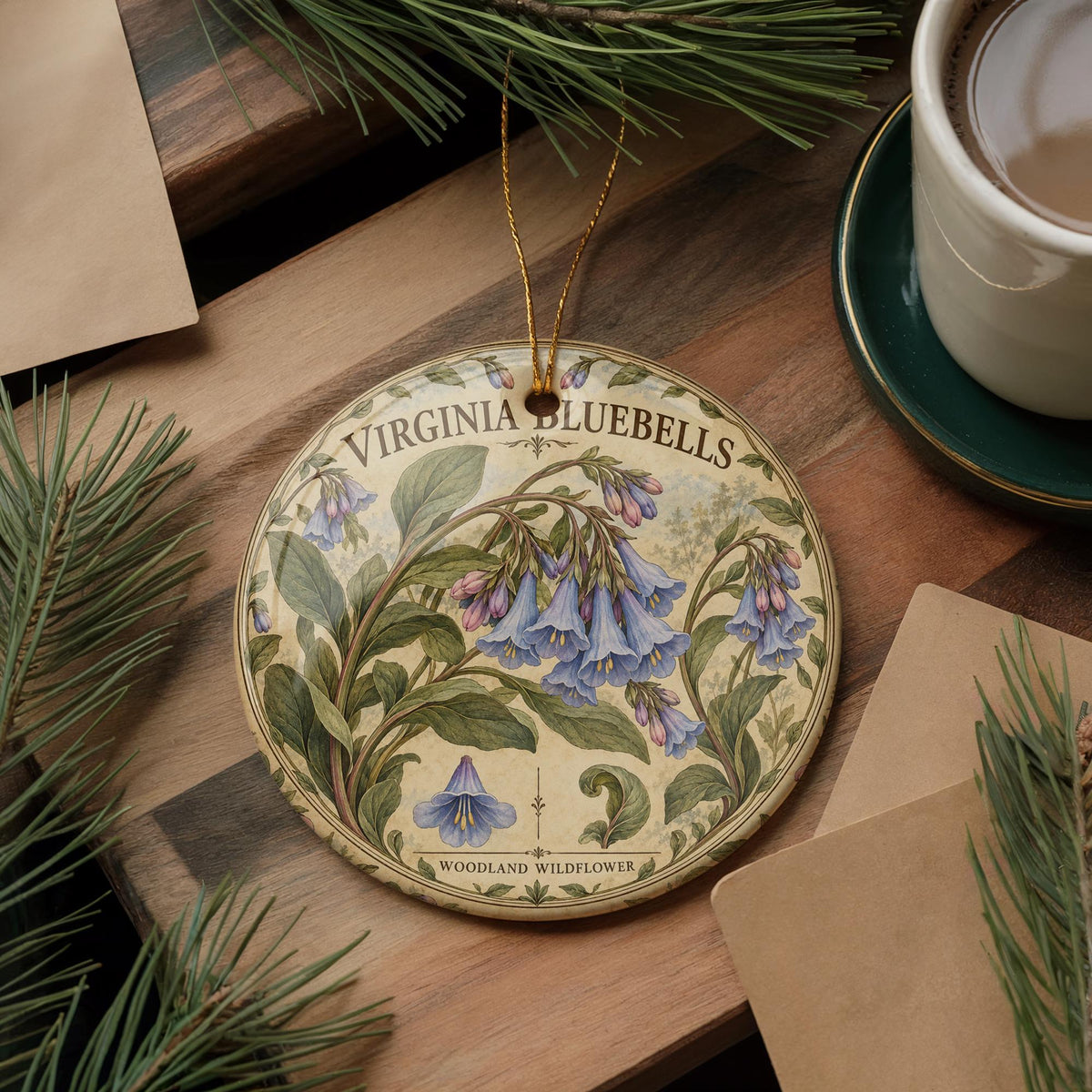 Virginia Bluebells Ceramic Ornament, Vintage Botanical Wildflower Decor — photo 5