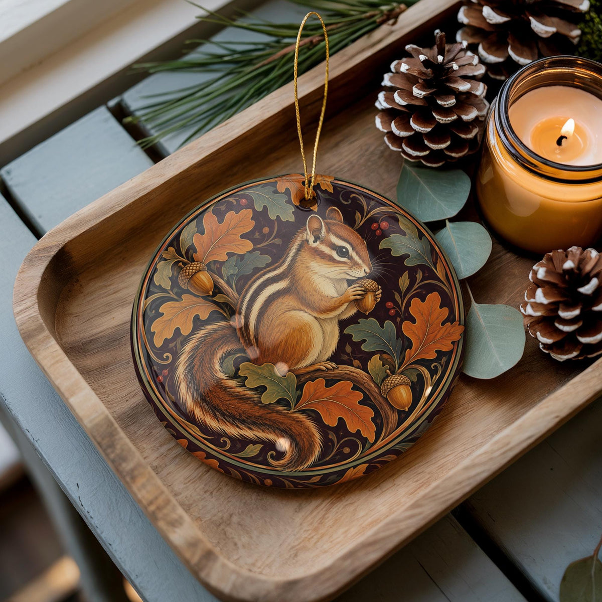 Eastern Chipmunk Ceramic Ornament with Oak Leaves and Acorns — photo 1