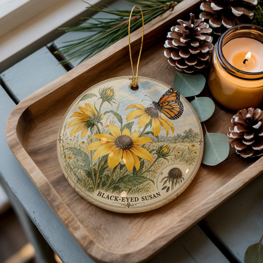 Black-Eyed Susan Ceramic Ornament with Monarch Butterfly, Botanical Flower Gift — photo 1
