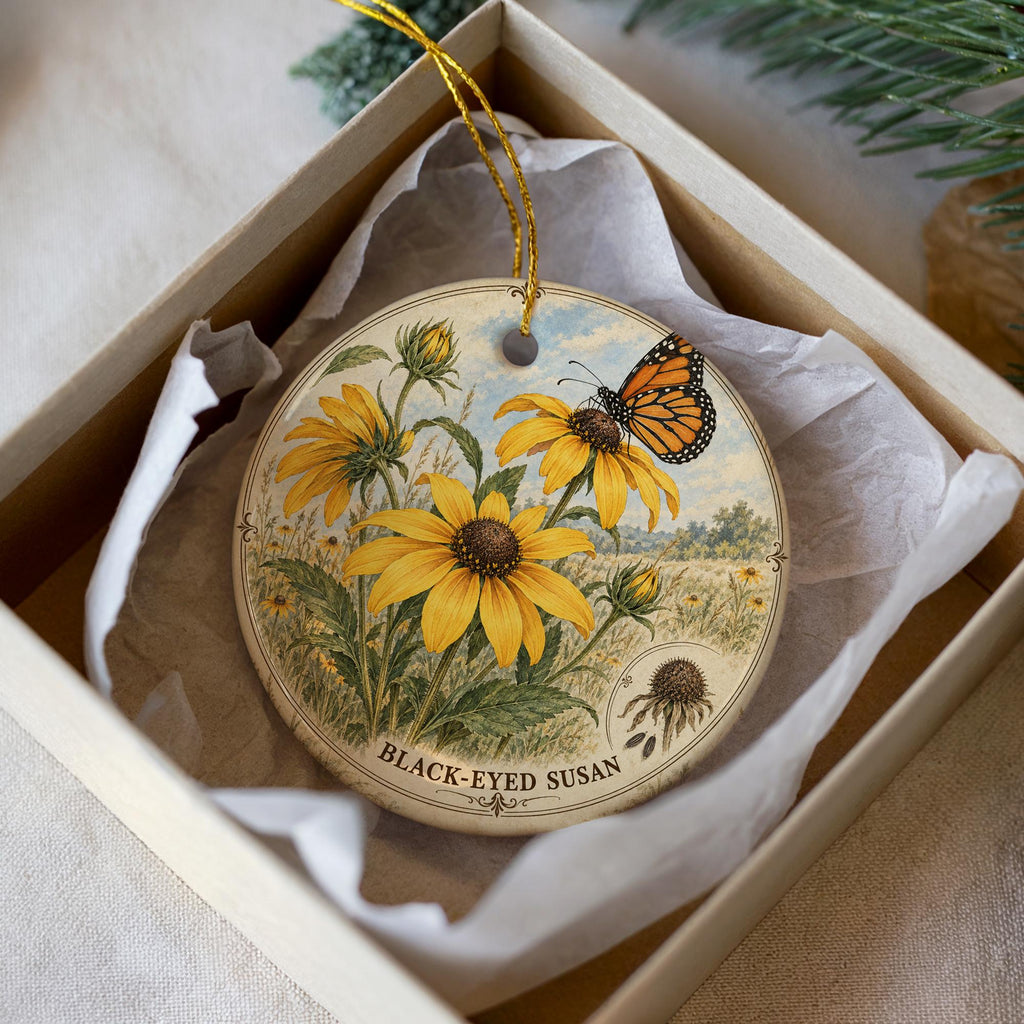 Black-Eyed Susan Ceramic Ornament with Monarch Butterfly, Botanical Flower Gift — photo 2
