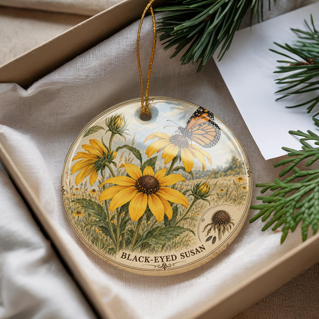 Black-Eyed Susan Ceramic Ornament with Monarch Butterfly, Botanical Flower Gift — photo 4