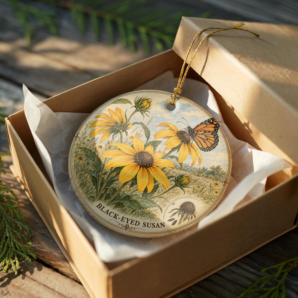 Black-Eyed Susan Ceramic Ornament with Monarch Butterfly, Botanical Flower Gift — photo 8