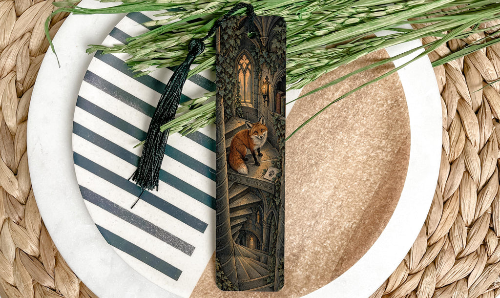 Fox Metal Bookmark with Gothic Spiral Stair and Ivy Tower Art — photo 1