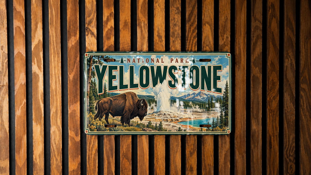 Yellowstone License Plate with Bison and Geyser Basin, Vintage National Park Decor — photo 2