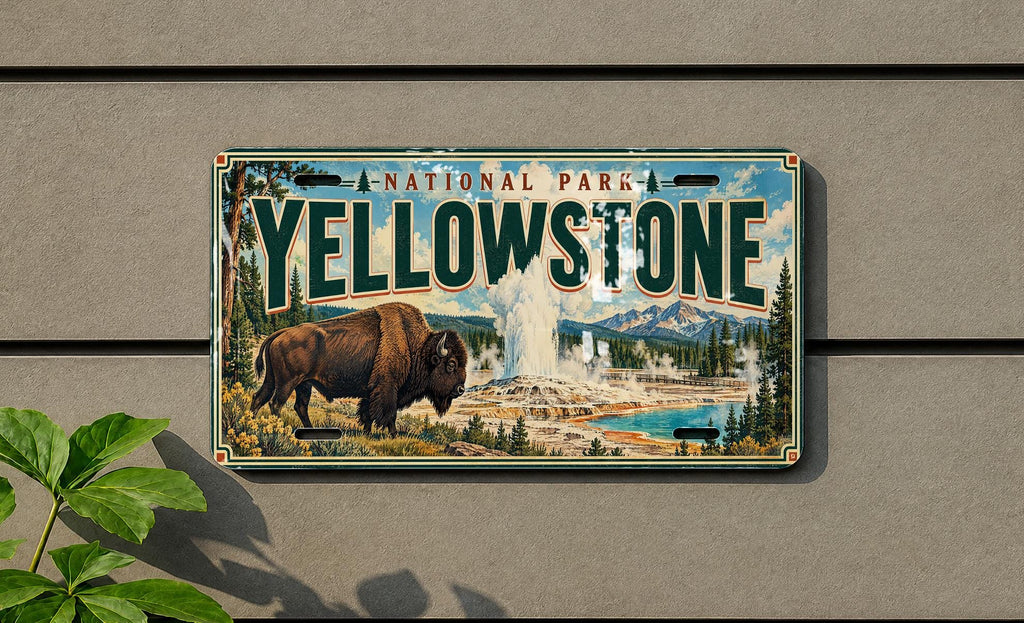 Yellowstone License Plate with Bison and Geyser Basin, Vintage National Park Decor — photo 3