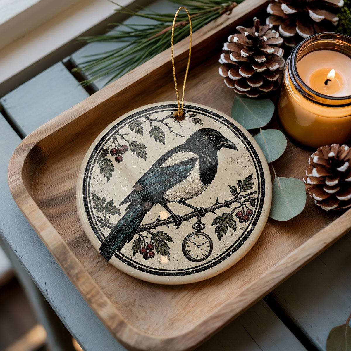 Magpie Ceramic Ornament with Pocket Watch, Gothic Bird Christmas Decoration — photo 1