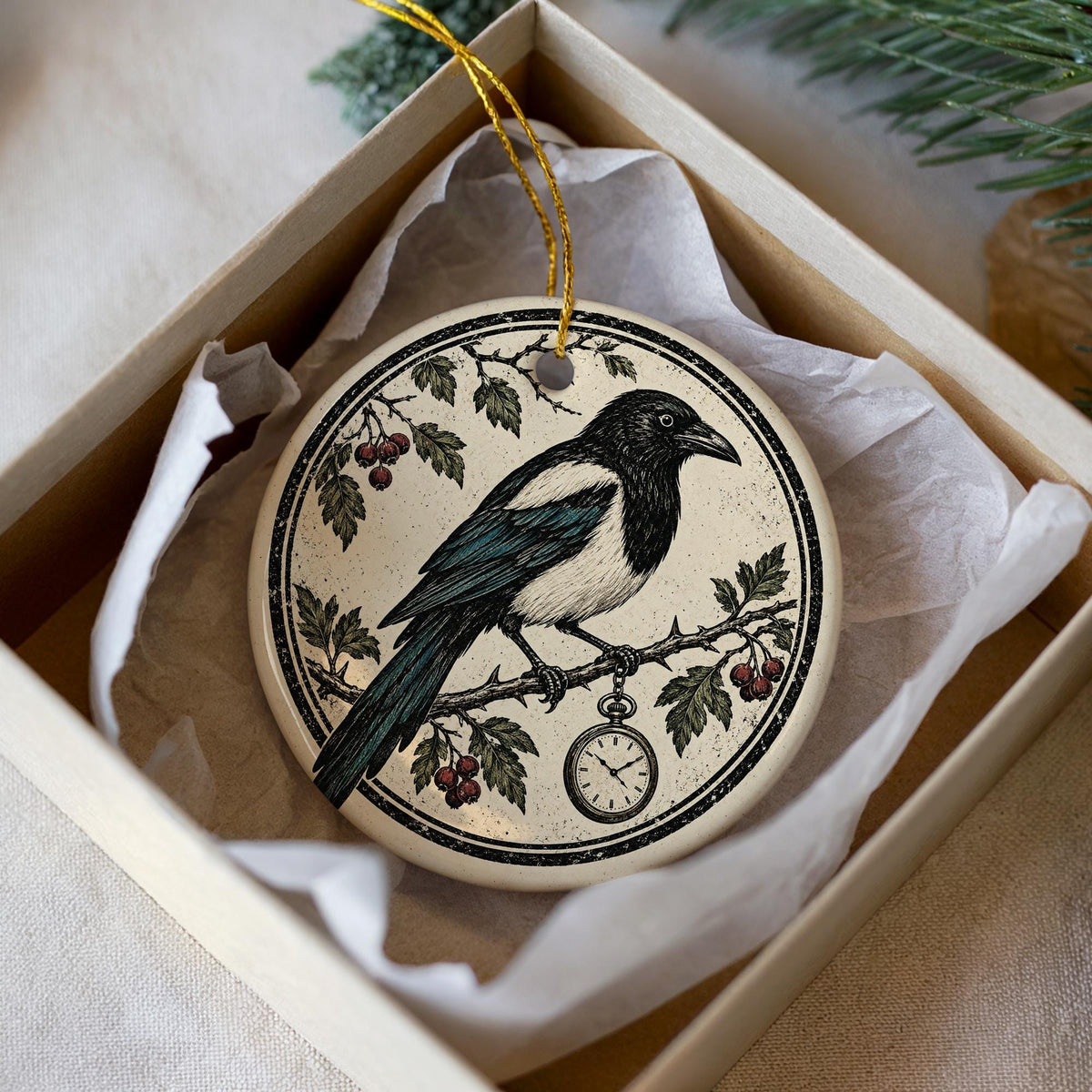 Magpie Ceramic Ornament with Pocket Watch, Gothic Bird Christmas Decoration — photo 2