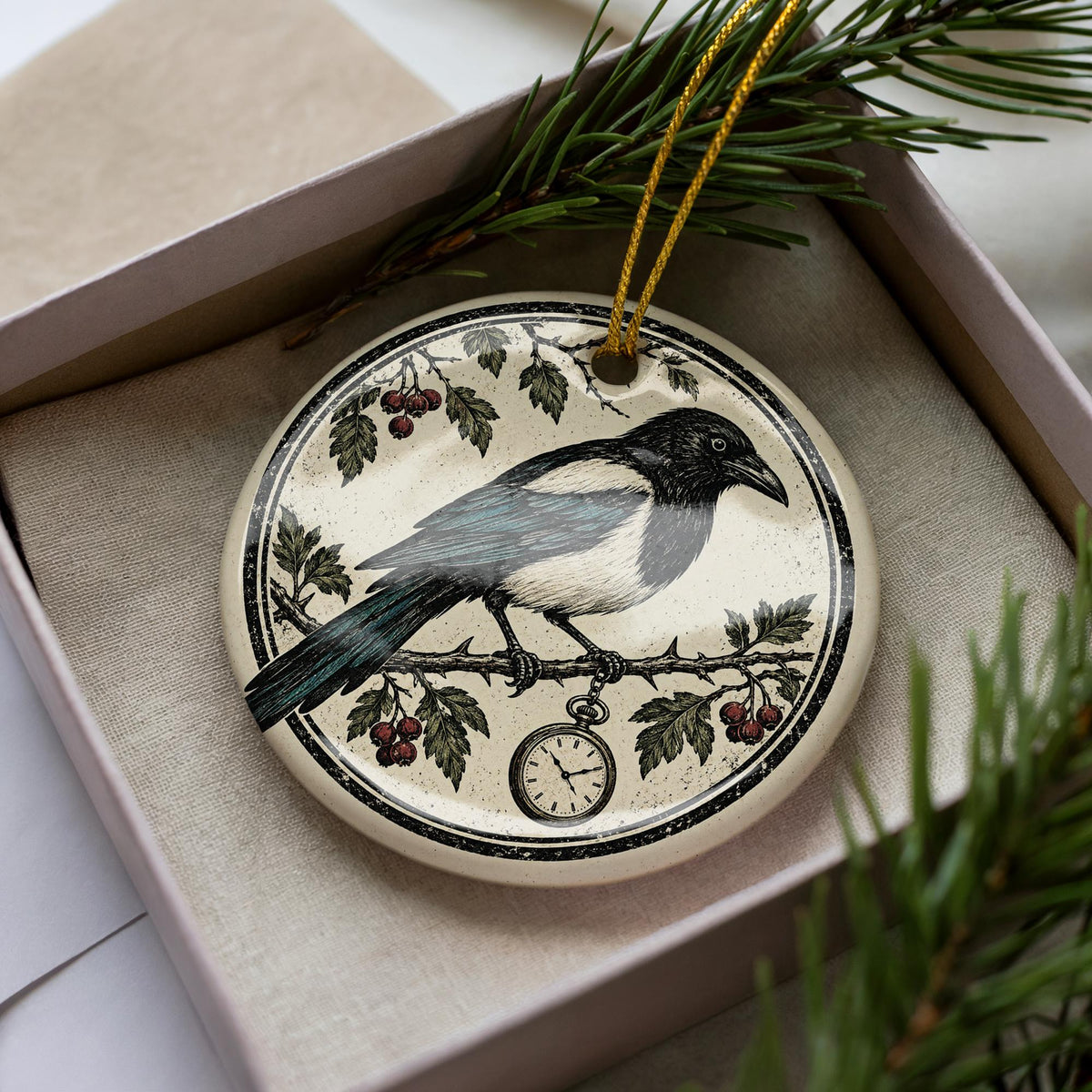 Magpie Ceramic Ornament with Pocket Watch, Gothic Bird Christmas Decoration — photo 3