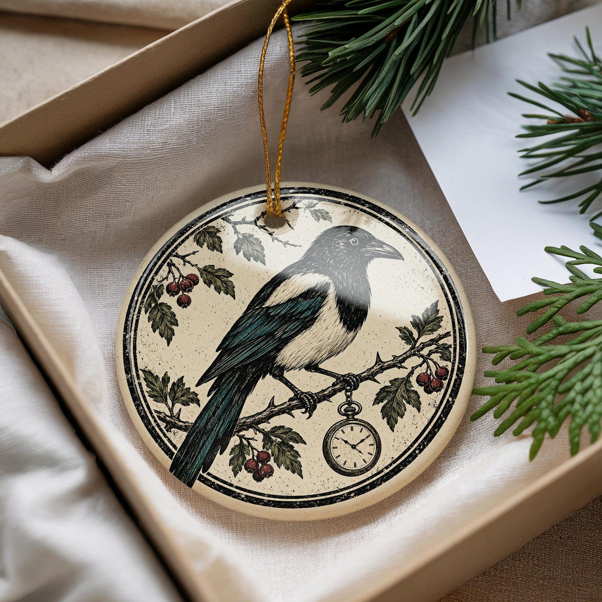 Magpie Ceramic Ornament with Pocket Watch, Gothic Bird Christmas Decoration — photo 4