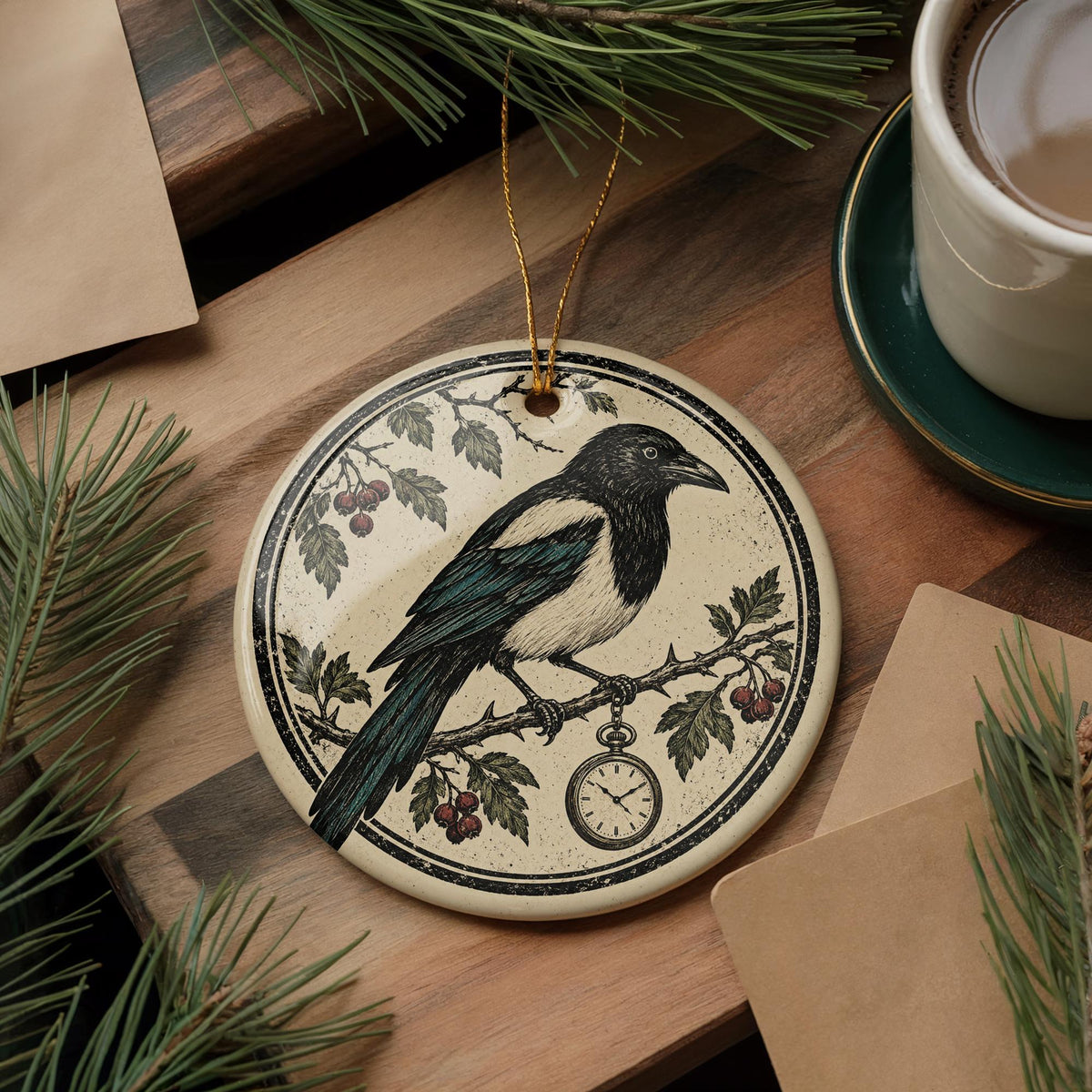 Magpie Ceramic Ornament with Pocket Watch, Gothic Bird Christmas Decoration — photo 5