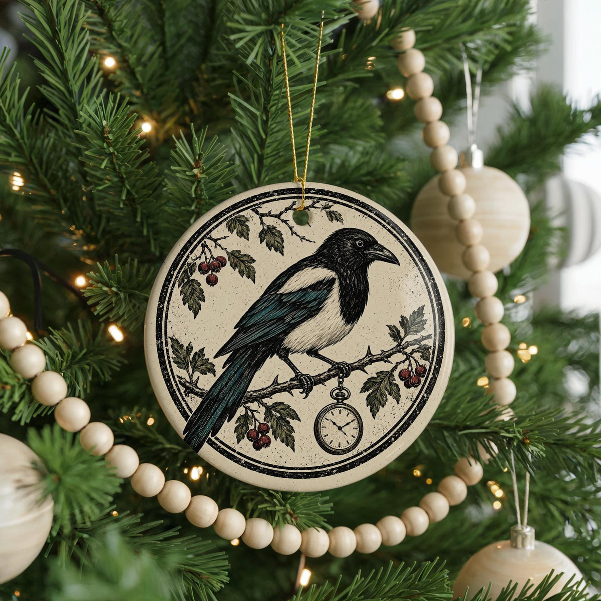 Magpie Ceramic Ornament with Pocket Watch, Gothic Bird Christmas Decoration — photo 6