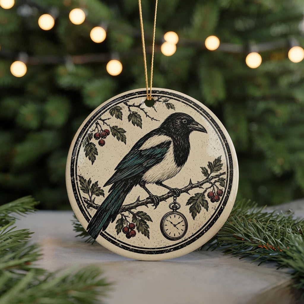 Magpie Ceramic Ornament with Pocket Watch, Gothic Bird Christmas Decoration — photo 7