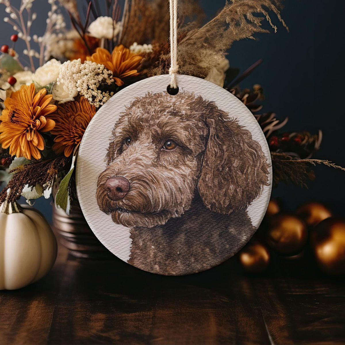 Spanish Water Dog Watercolor Portrait Ceramic Ornament, photo 4 of 5