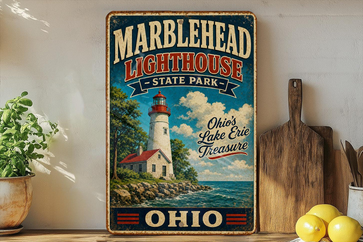Marblehead Lighthouse State Park Ohio Vintage Style Metal Sign Lake Erie Coastal Landmark Wall Decor, photo 2 of 5