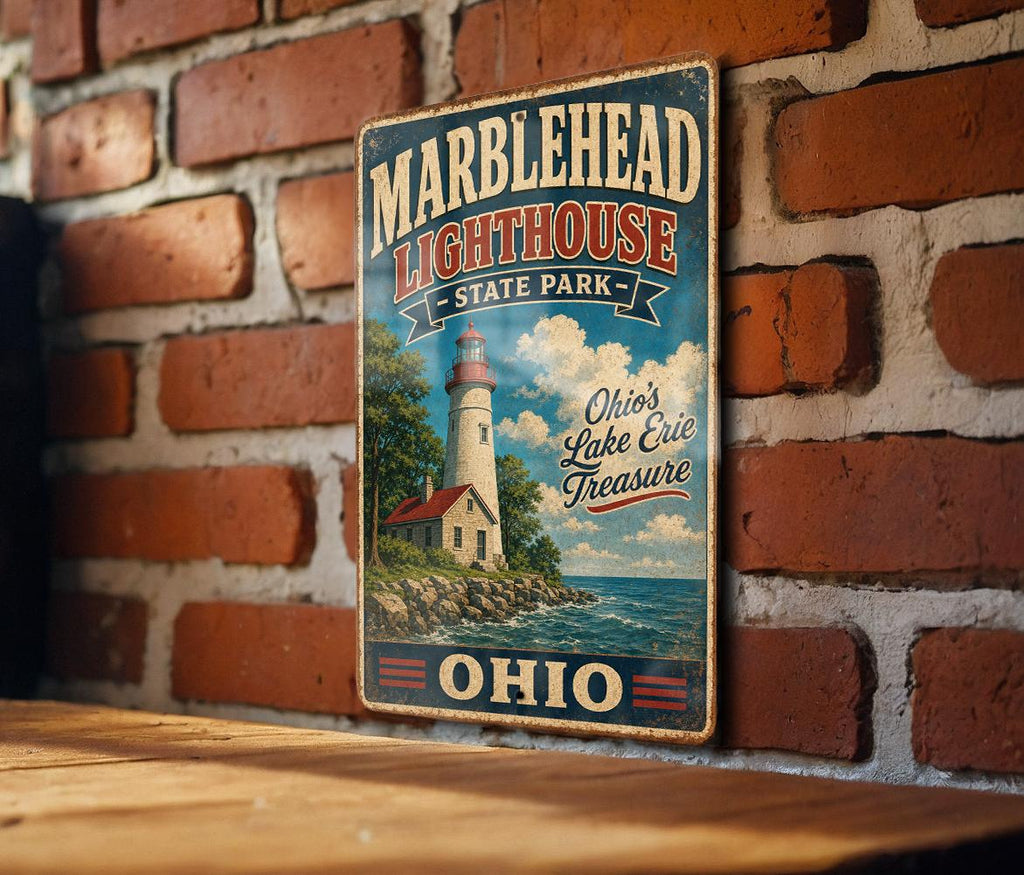 Marblehead Lighthouse State Park Ohio Vintage Style Metal Sign Lake Erie Coastal Landmark Wall Decor