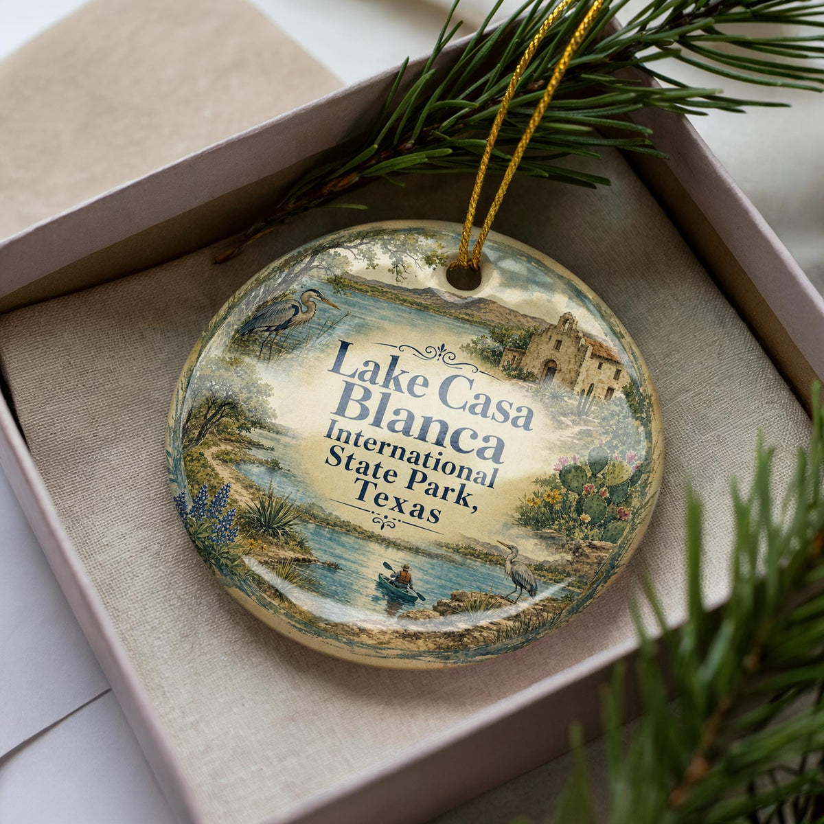 Watercolor Lake Casa Blanca International State Park Texas Ceramic Ornament, photo 3 of 9