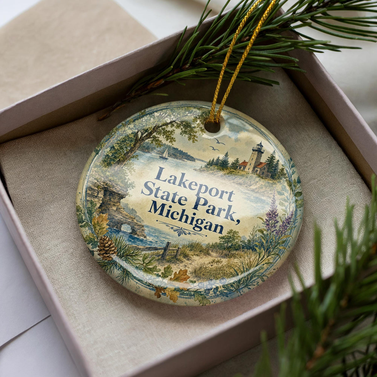 Lakeport State Park Michigan Watercolor Ceramic Ornament, photo 2 of 9