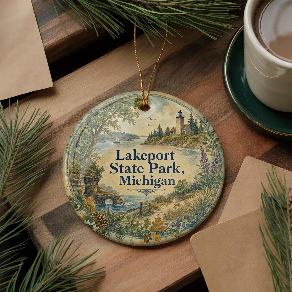 Lakeport State Park Michigan Watercolor Ceramic Ornament, photo 5 of 9