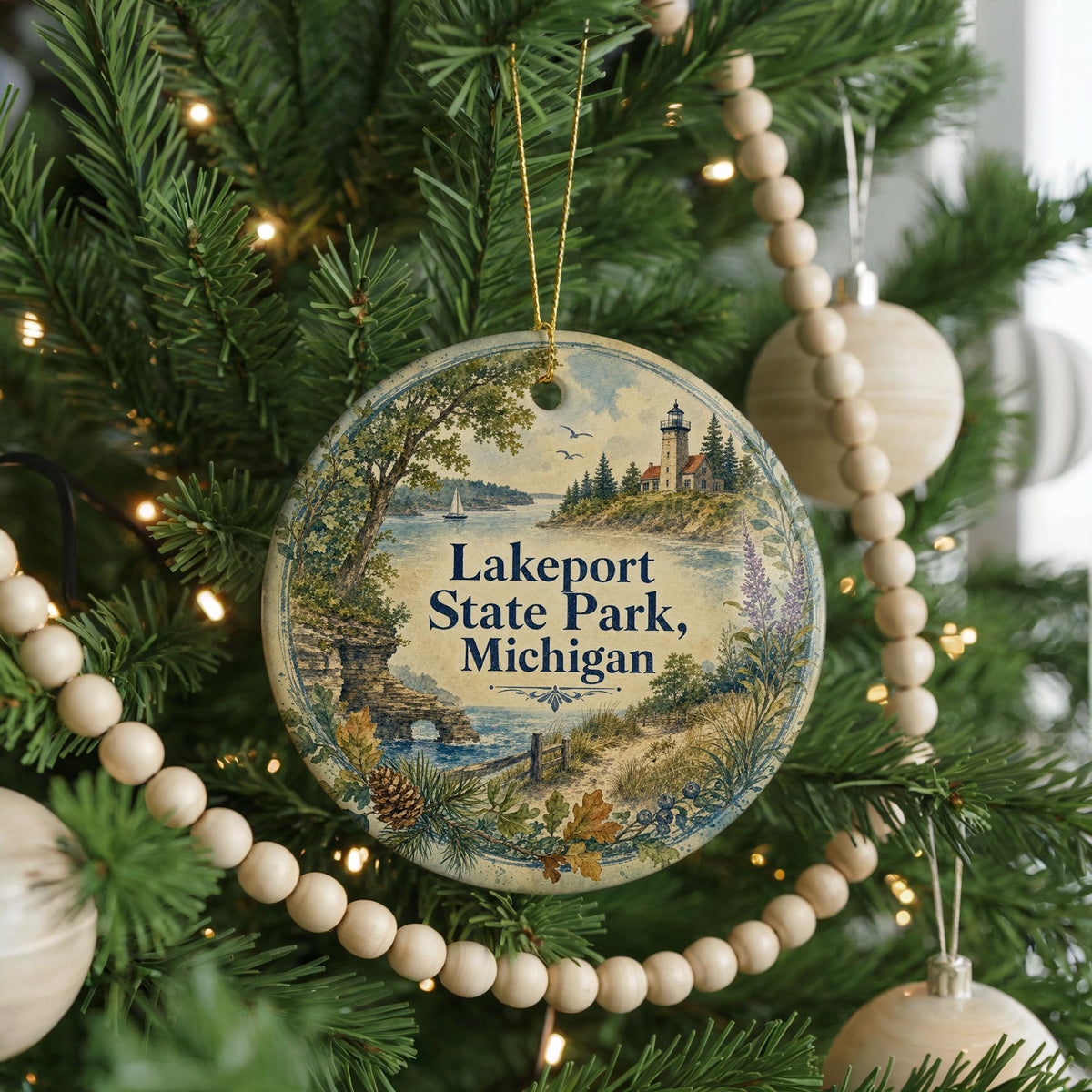Lakeport State Park Michigan Watercolor Ceramic Ornament, photo 6 of 9