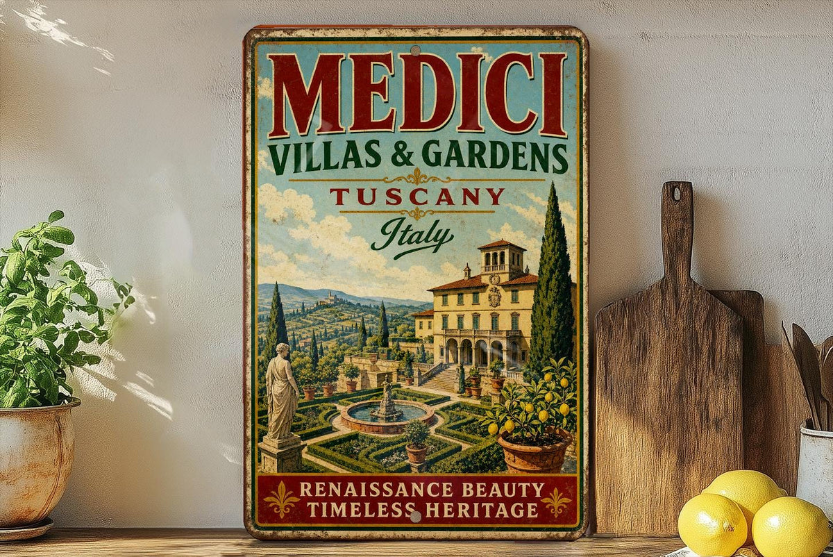 Medici Villas and Gardens in Tuscany Italy Vintage Style Metal Sign, photo 3 of 5