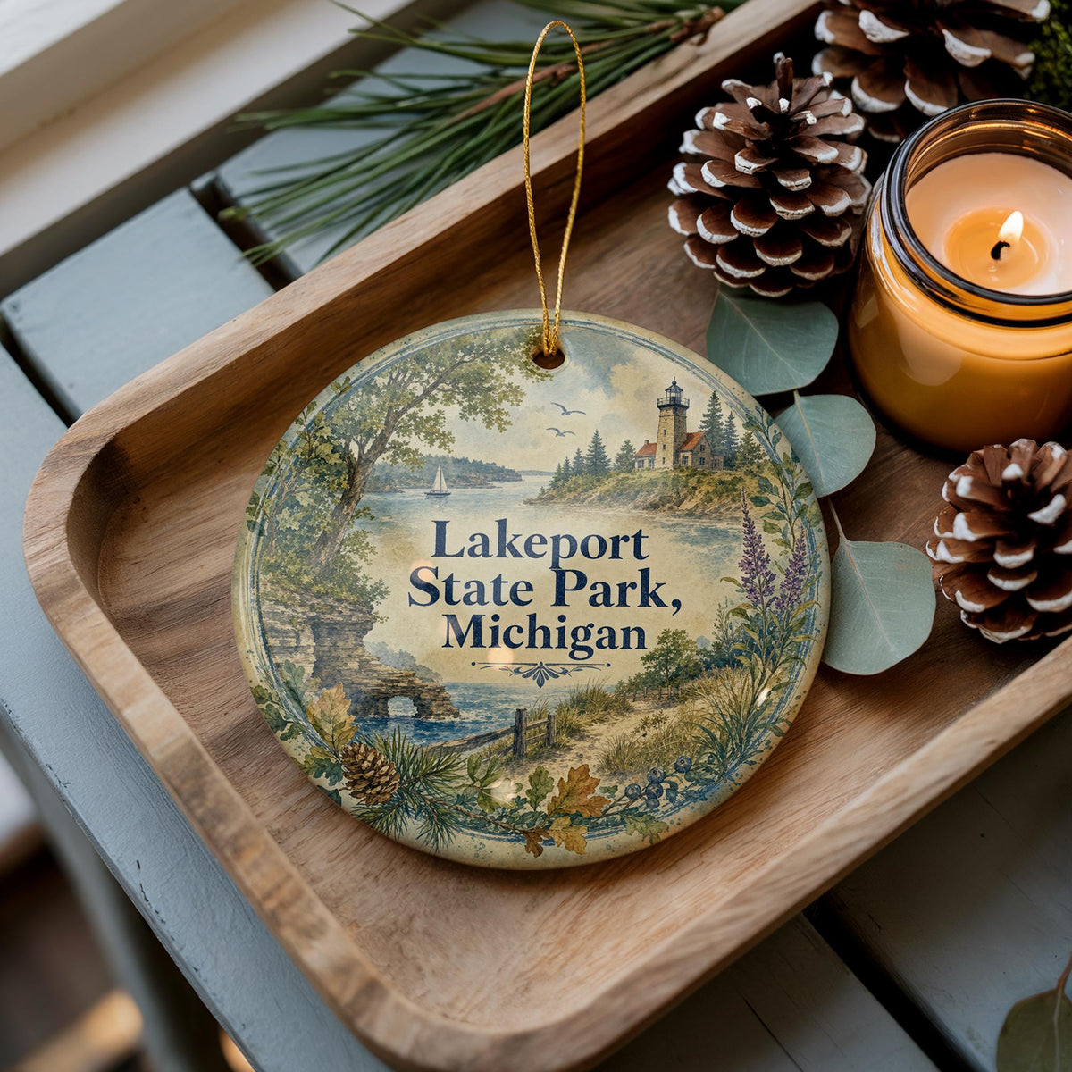 Lakeport State Park Michigan Watercolor Ceramic Ornament, photo 3 of 9