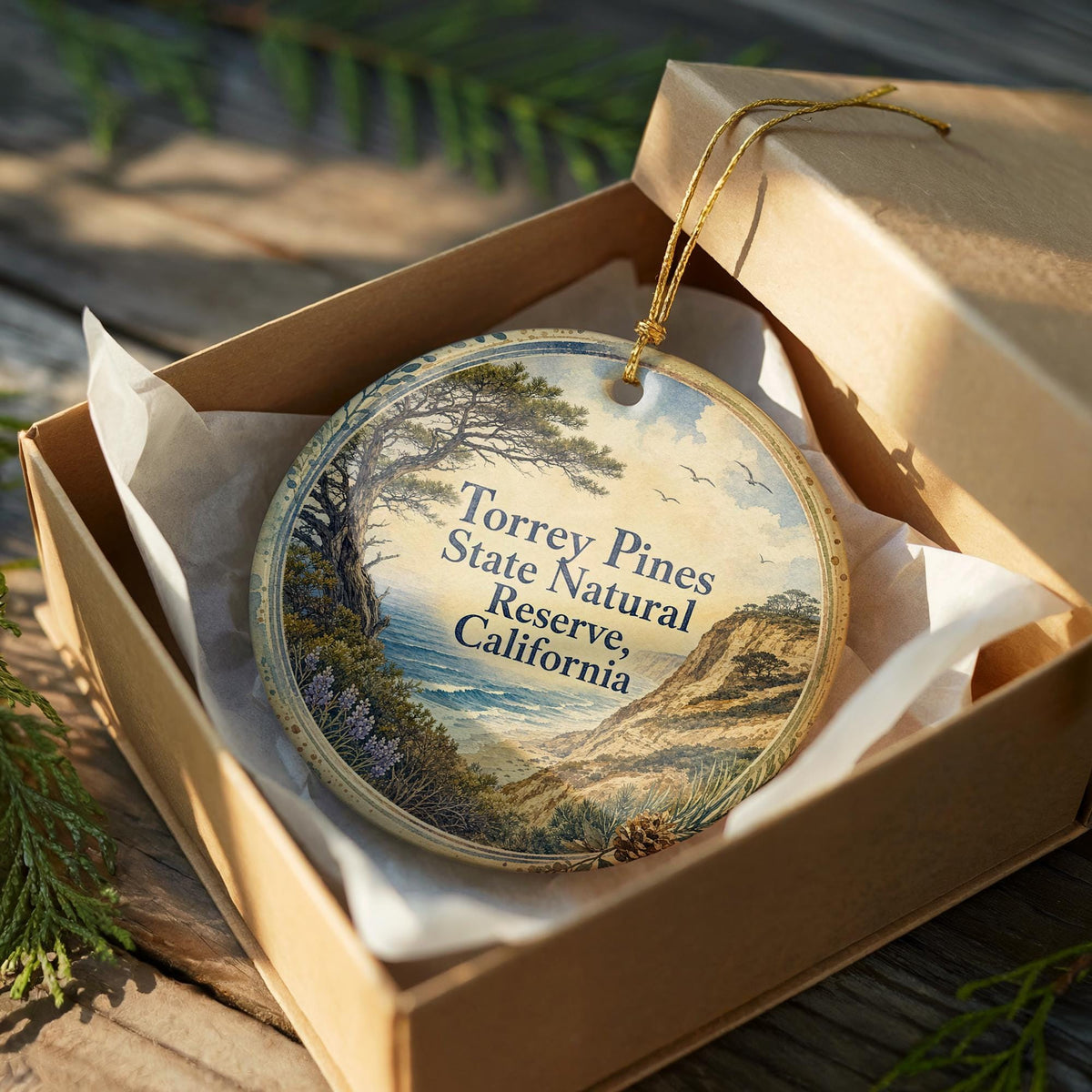 Torrey Pines State Natural Reserve California Watercolor Ceramic Ornament, photo 8 of 9